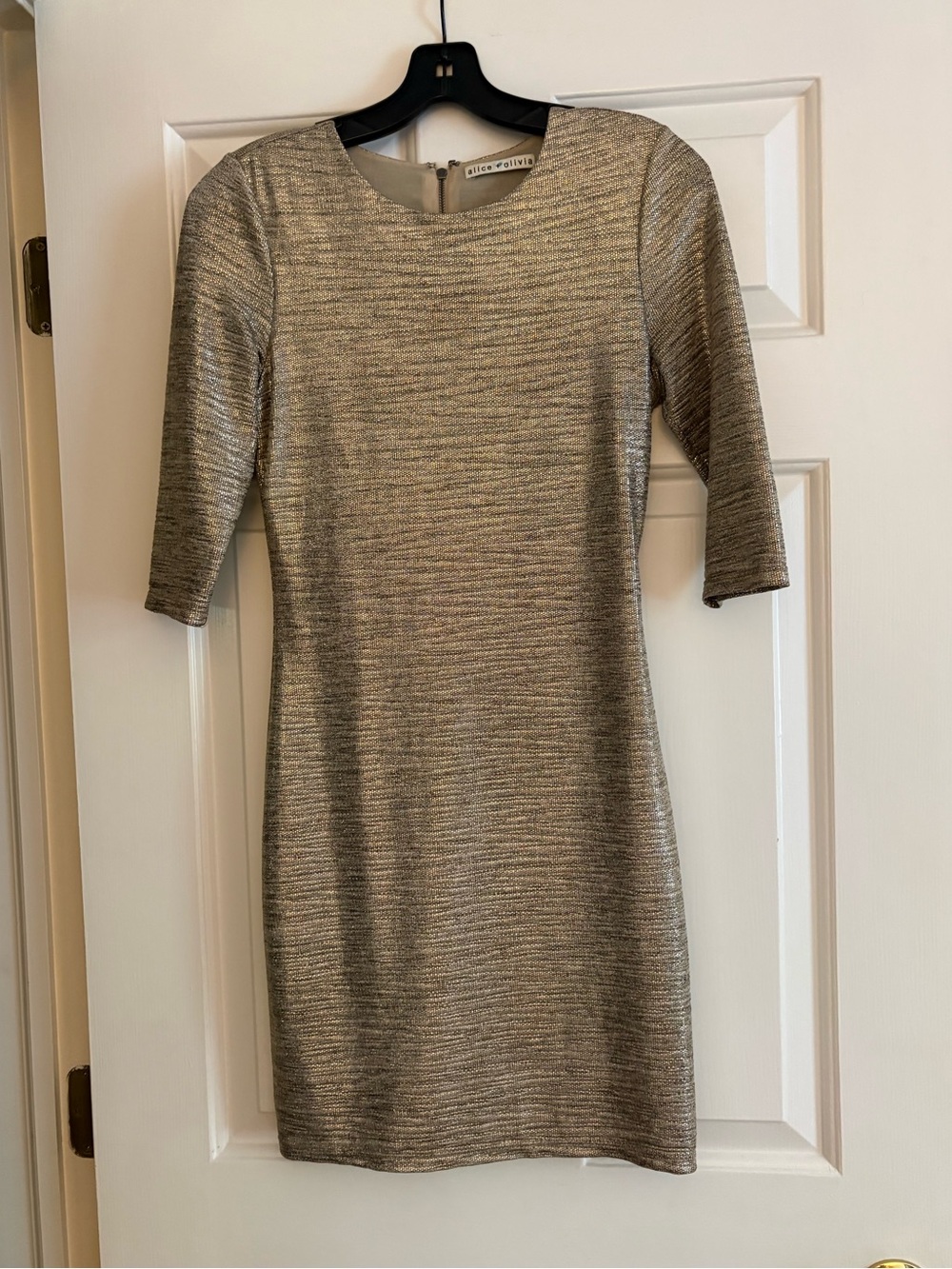 Alice + Olivia Metallic Sheath Dress in Gold, size 2
